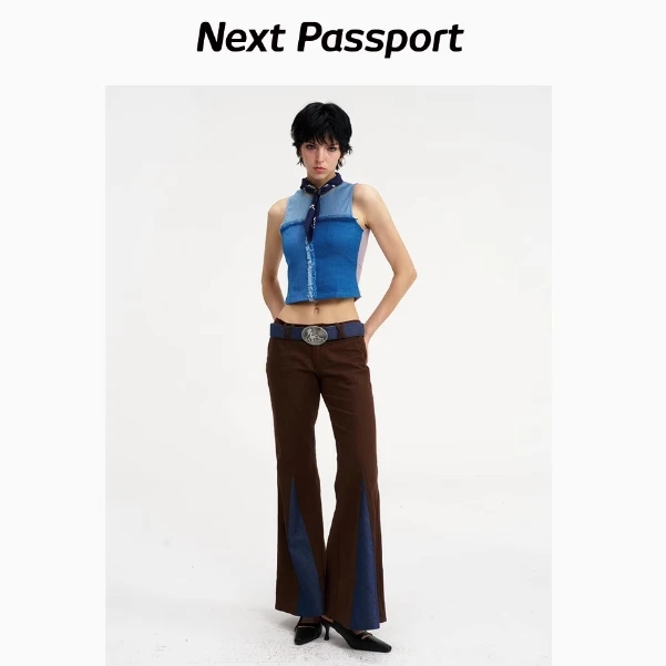 NextPassport 棕色拼牛仔低腰喇叭长裤带腰带
