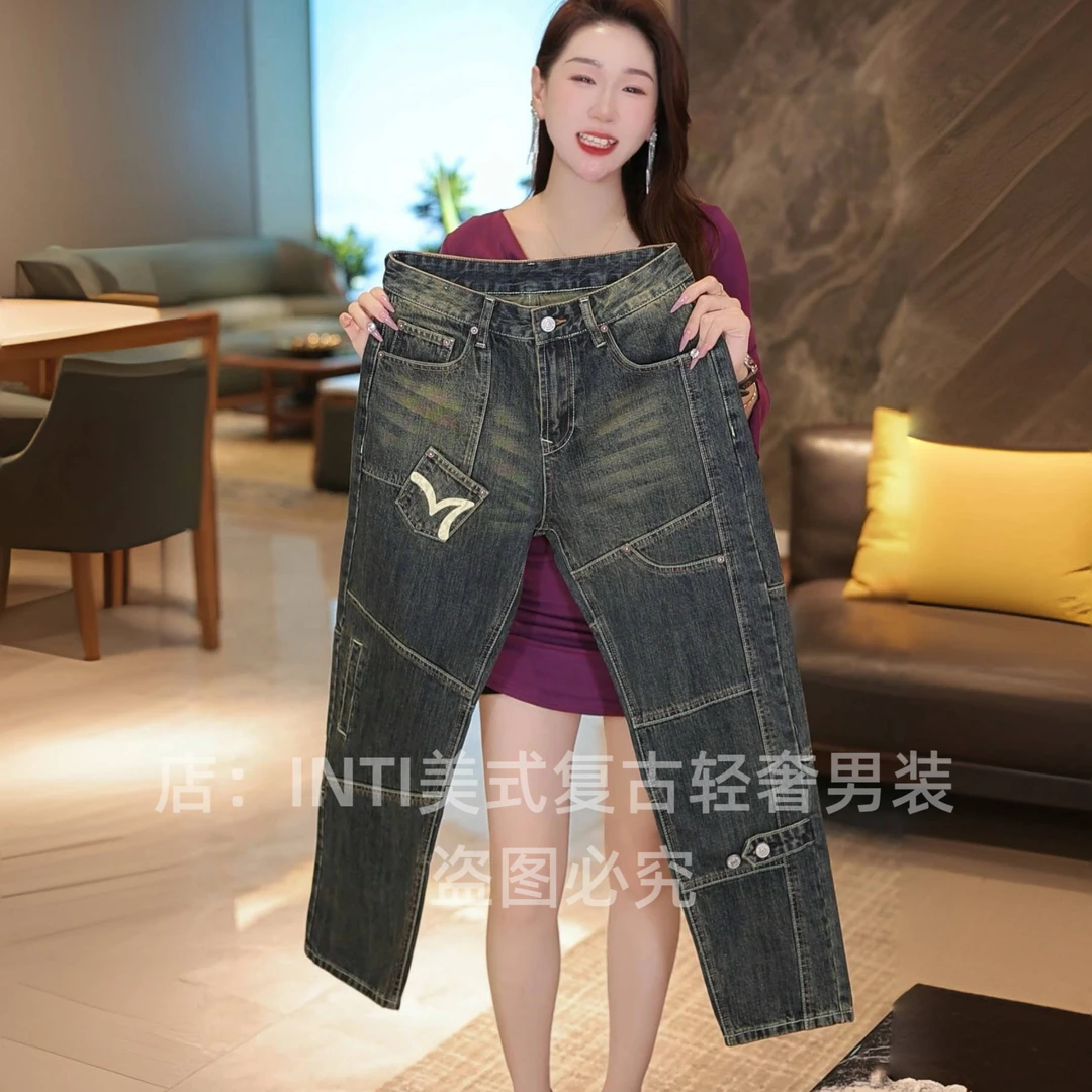 INTI秋冬季轻奢美式原创高端拼接机车复古做旧男士牛仔裤宽松直筒