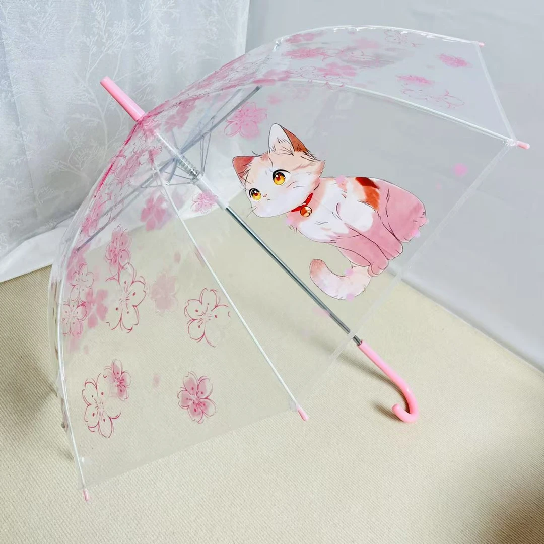 日系樱花猫咪全自动长柄折叠透明清新雨伞卡通学生可爱ins加厚伞