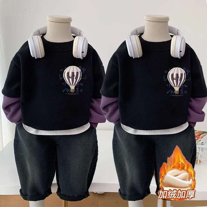 新款男童卫衣冬款儿童保暖打底降落伞中大童加绒宝宝加厚上衣外穿