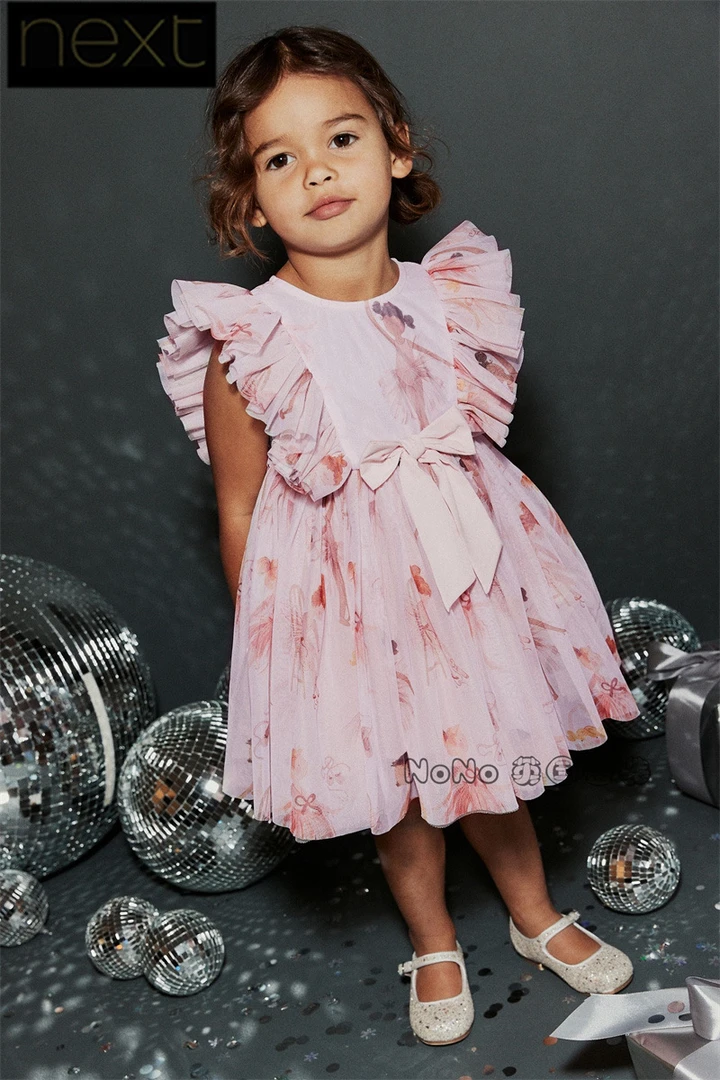 现货英国Next正品女童粉色芭蕾舞连衣裙网纱大蝴蝶结礼服