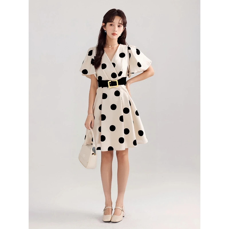 【浅浅】93172波点女神范高级感V领泡泡袖高腰气质连衣裙