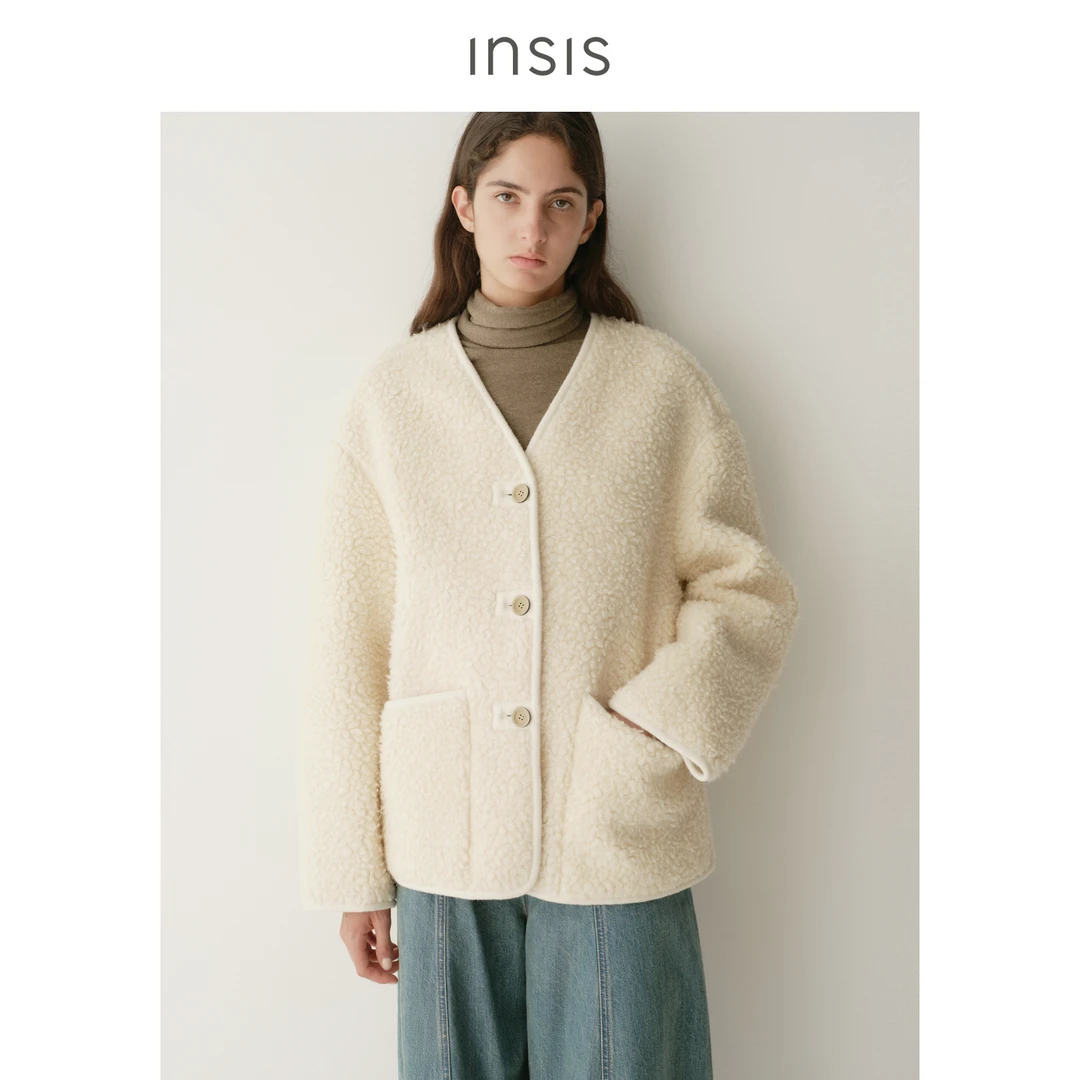 INSISFEMME绵羊毛2025冬新款文艺V领针织包边短款直身羊羔外套女
