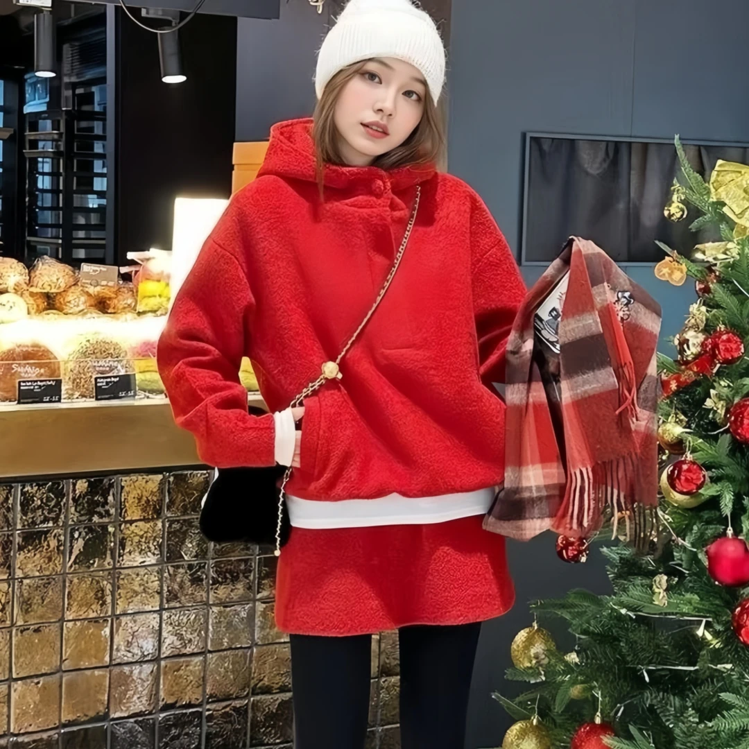 毛呢感韩系抽绳连帽套装女2025冬季大码胖MM保暖卫衣+半裙两件套