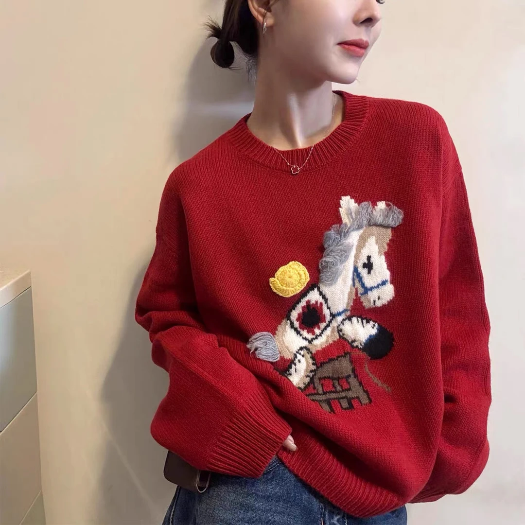 自留款 网红生肖马套头针织衫25146韩系减龄毛衣红色宽松圆领打底