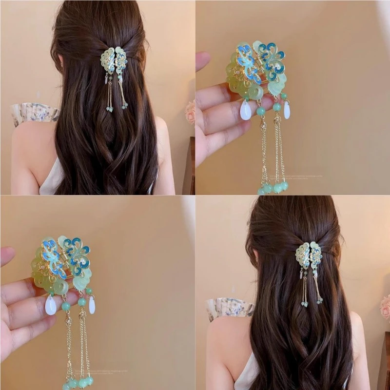 新中式蝴蝶步摇流苏抓夹女古风发饰旗袍汉服国风夹子头饰发夹新款