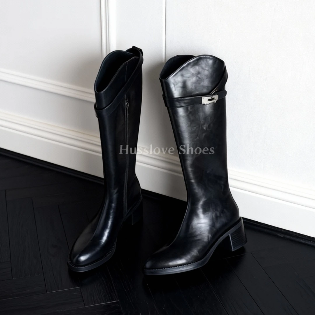 HUSSLOVE 牛皮·跟高5.5CM·时尚百搭秋冬可拆卸凯莉扣长靴骑士靴