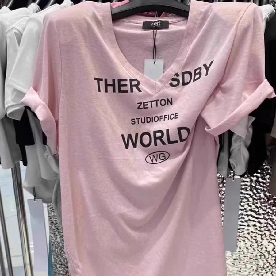 韩国东大门夏新款休闲字母印花侧开叉中长款宽松v领垫肩短袖t恤女