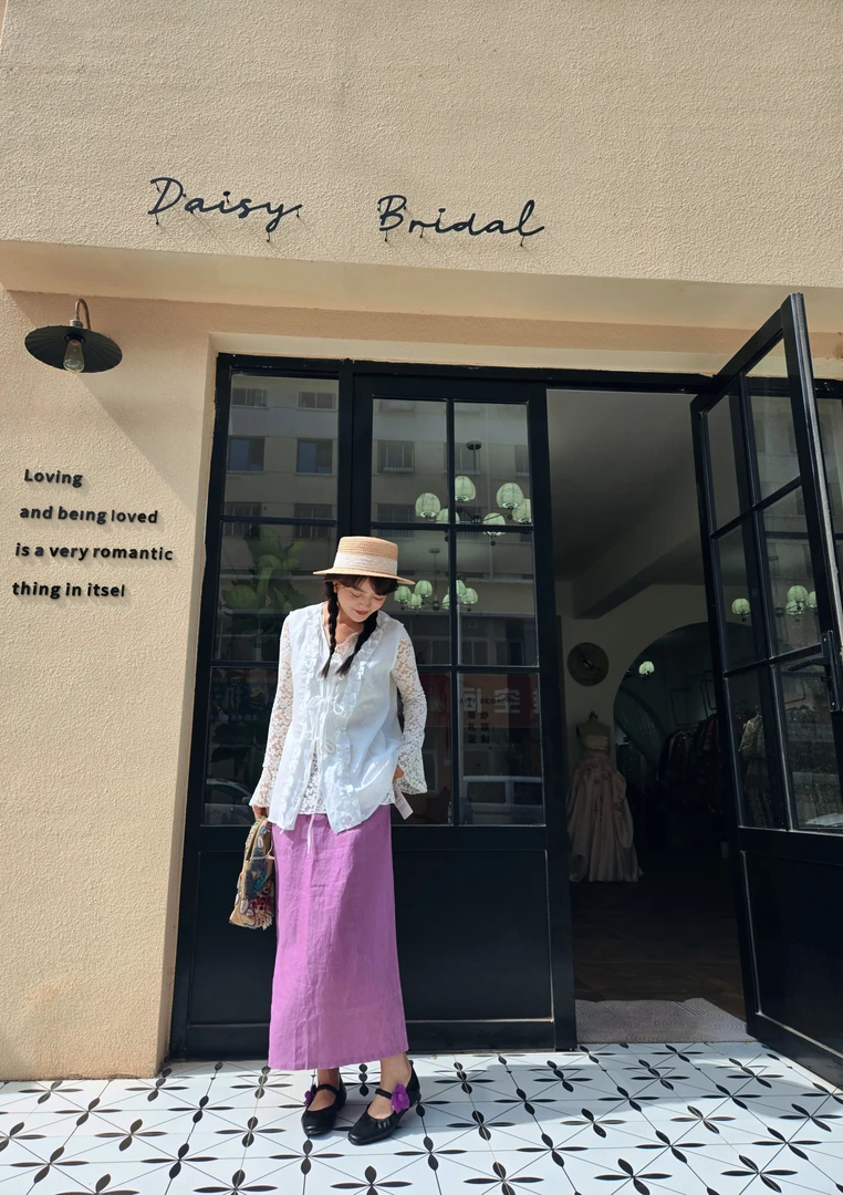 夏季女士亚麻开叉中长直筒A字半身裙小个子友好