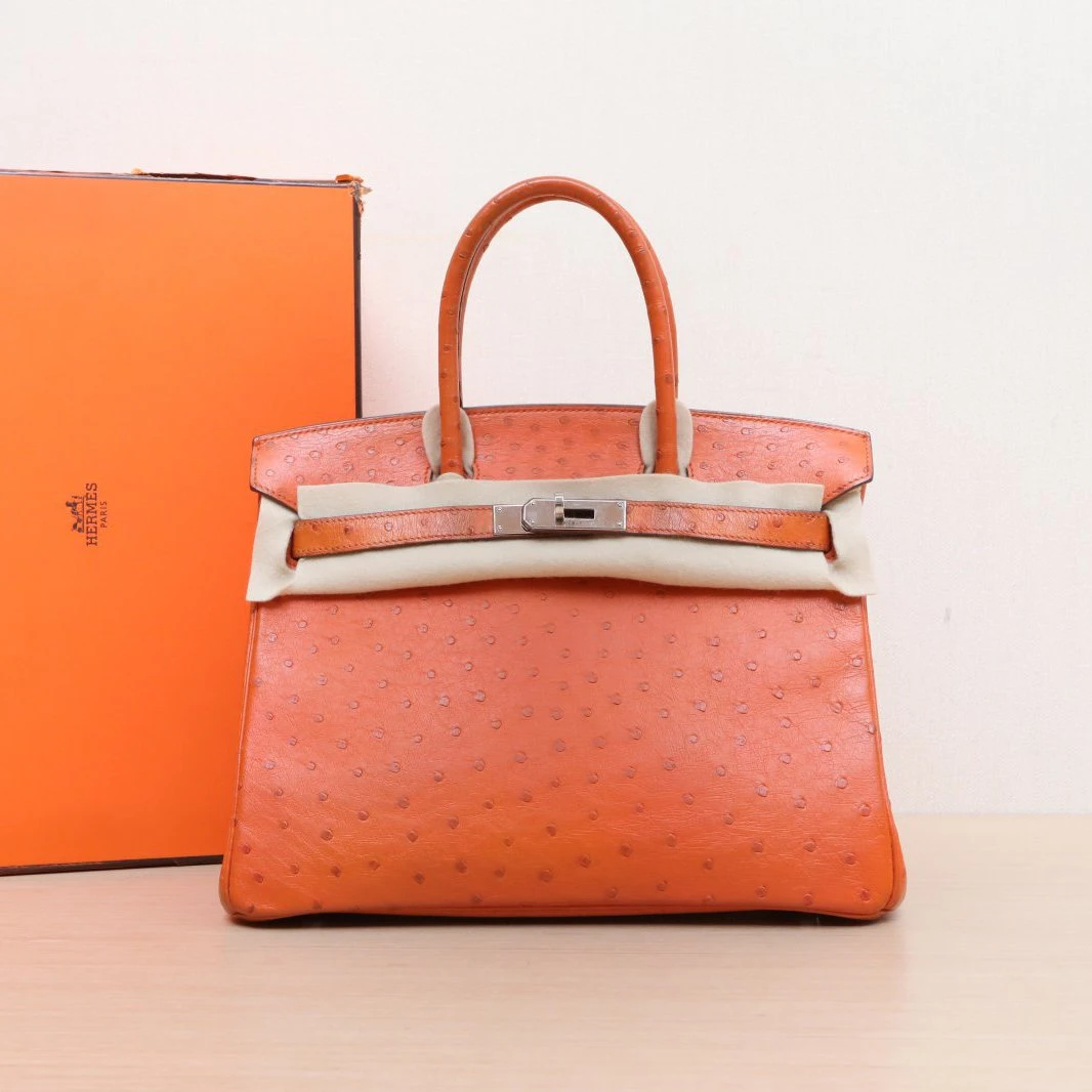 95新 Hermes/爱马仕 小花6枫Birkin 30 爱马仕橙鸵鸟皮框O 银扣包