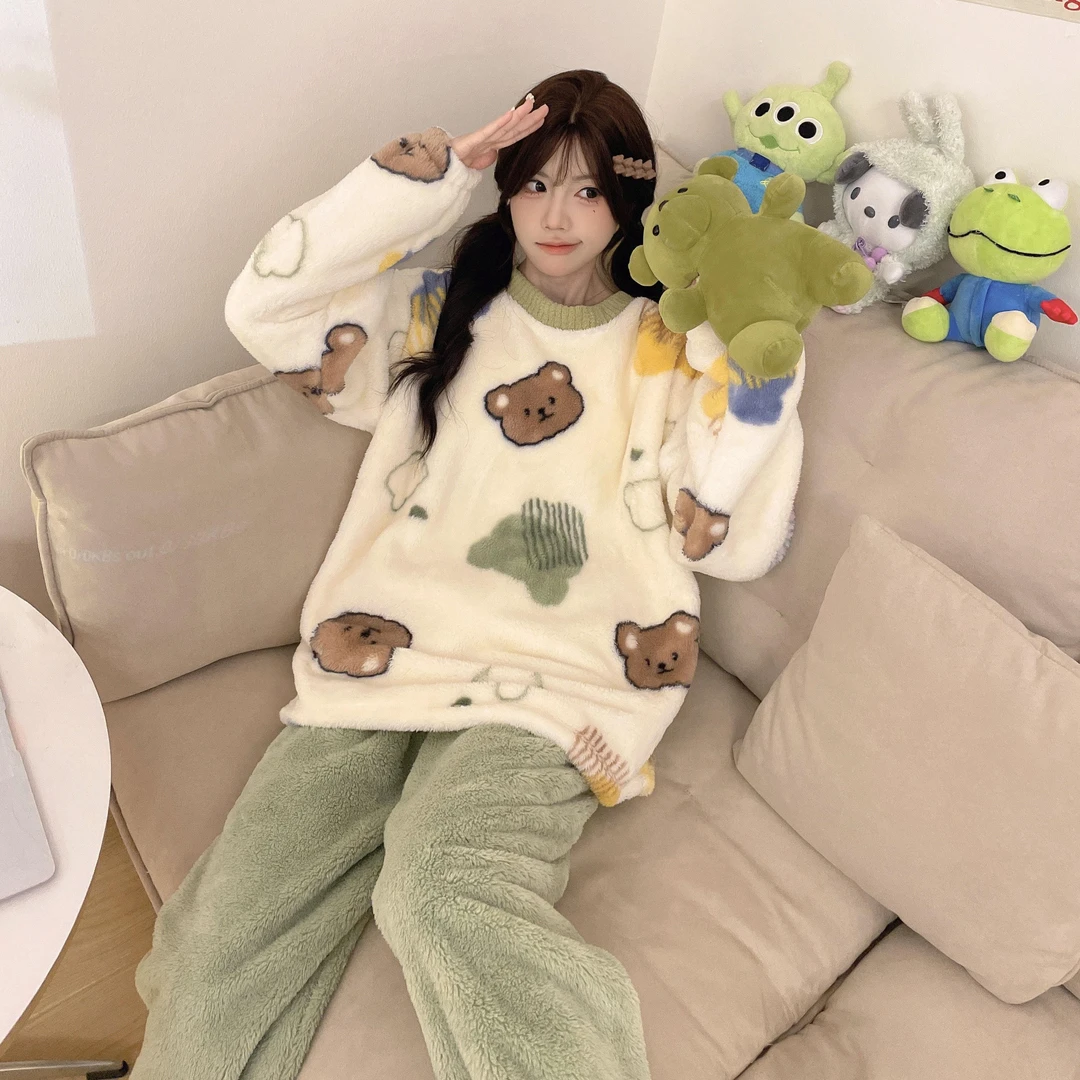 英国CospKosp法兰绒抹茶小熊冬季新款卡通睡衣女加绒加厚可爱睡衣
