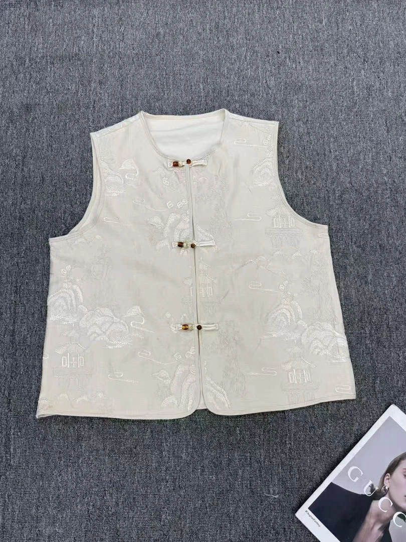 大码圆领重工刺绣薄款国风中国风马甲上衣夏季民族风复古新中式