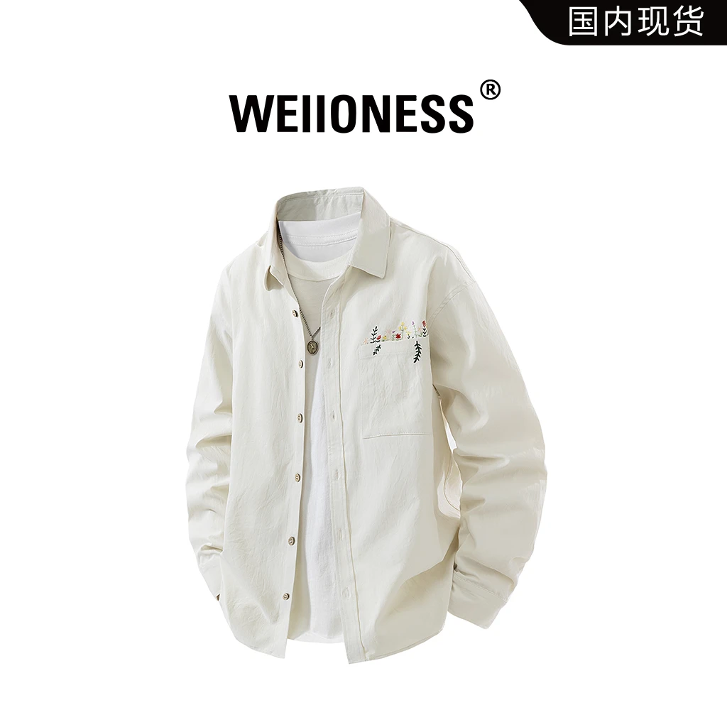 WEIIONESS复古高街长袖衬衫2025秋季新款男款印花刺绣高级感衬衣