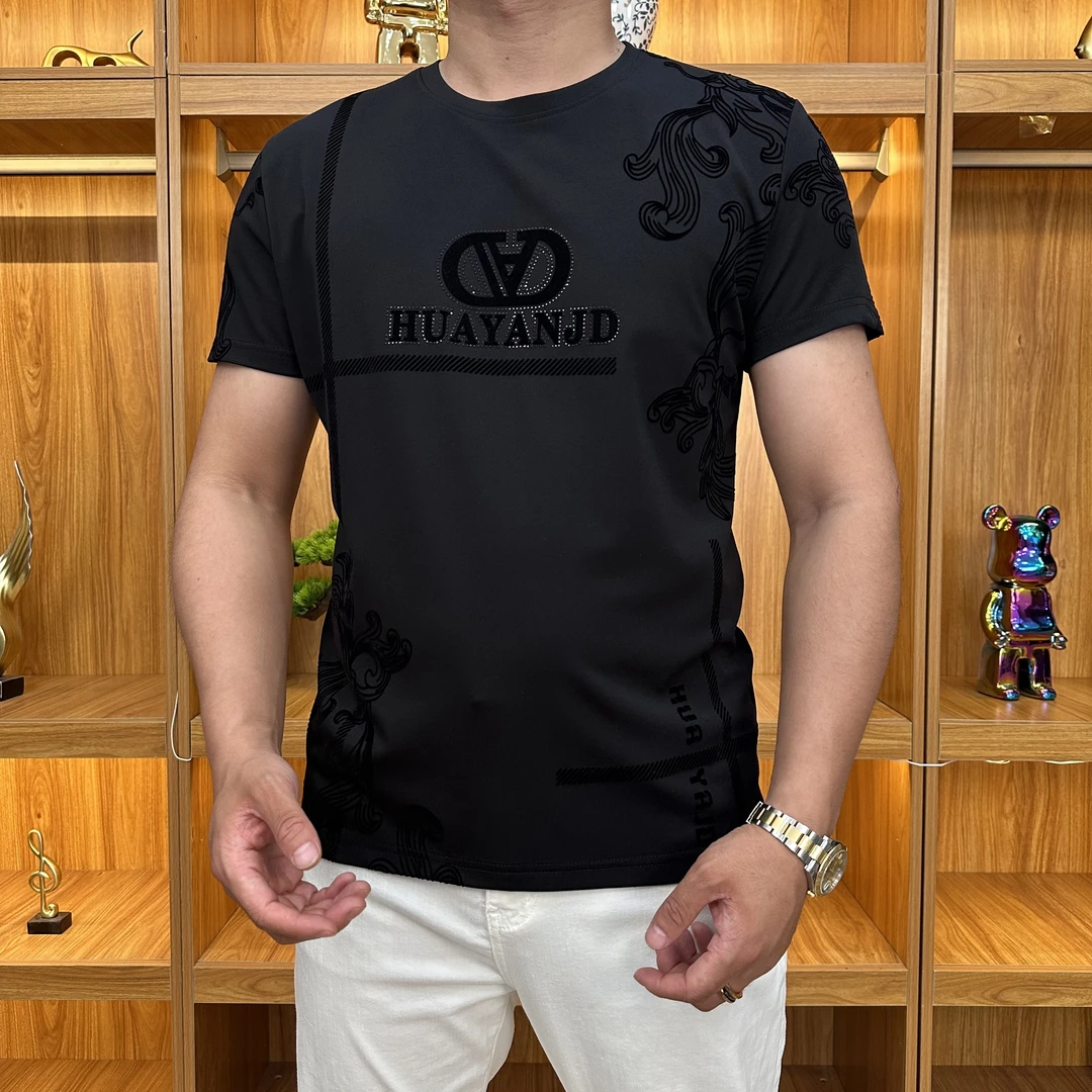 890轻奢超薄男士植绒黑T恤透气舒适夏季男士短袖