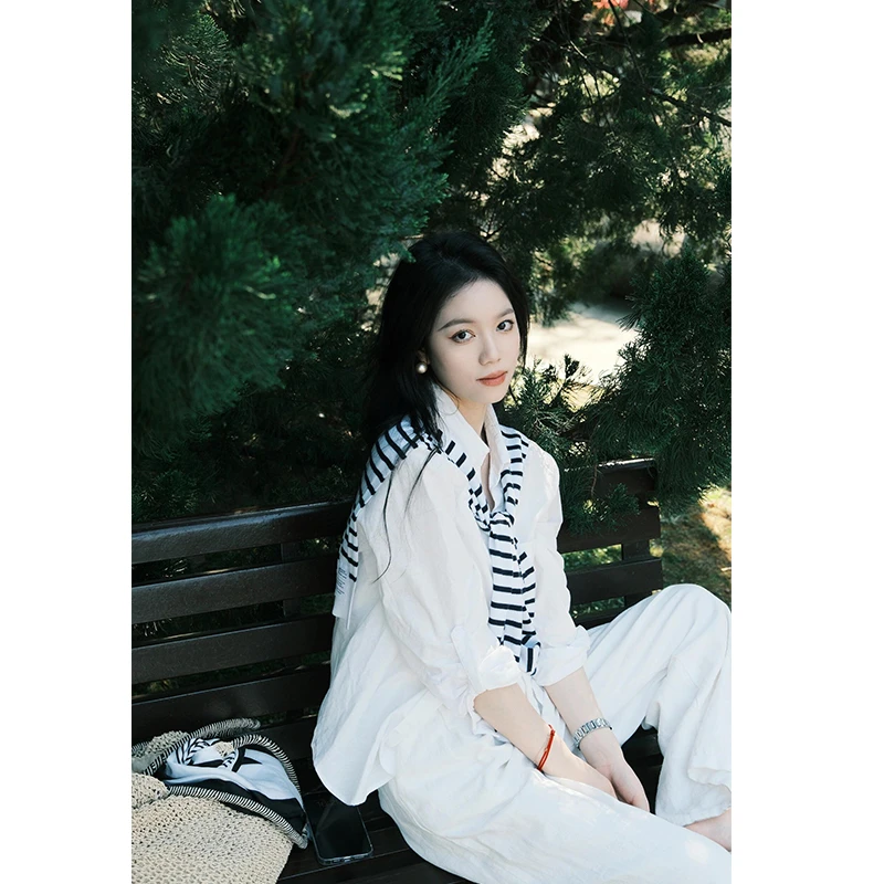 衬衫女春游出行衣服高质感条纹披肩翻领宽松百搭长袖防晒上衣