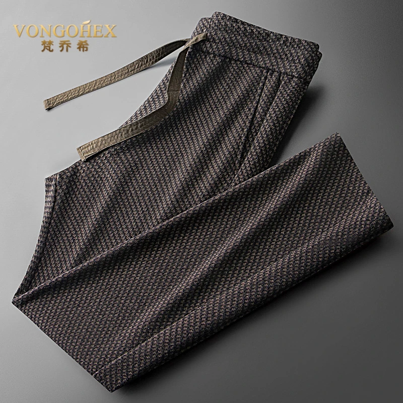 VONGOHEX男士加绒加厚休闲长裤秋冬千鸟格纹提花羊毛裤保暖卫裤