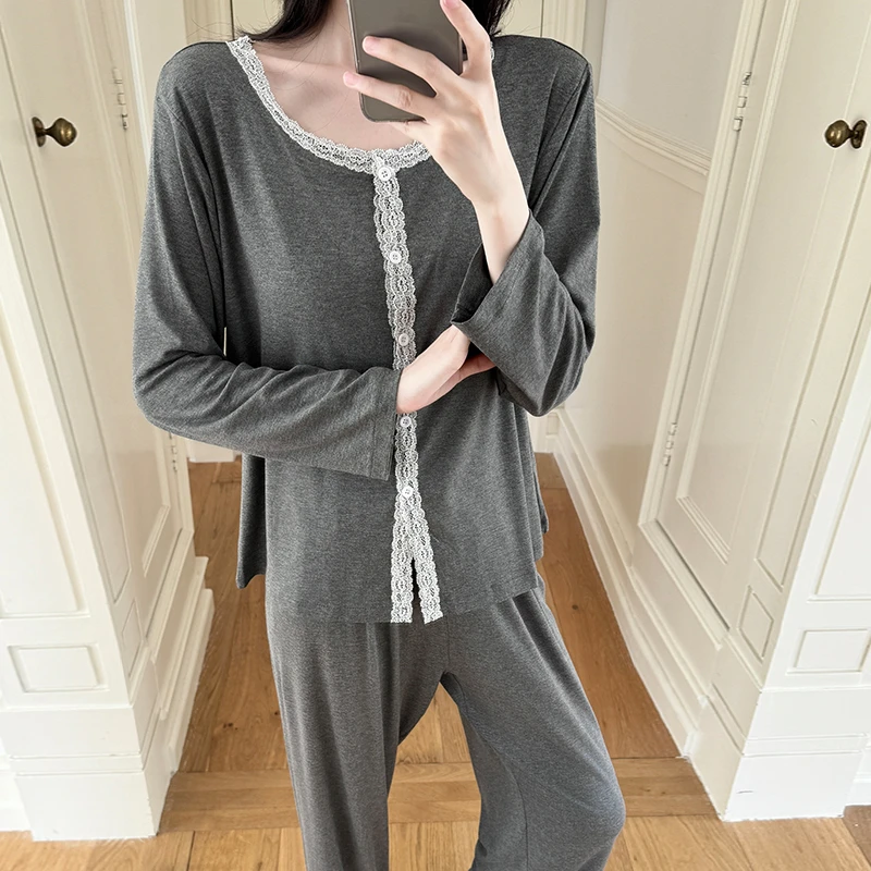 法式高级感长袖长裤睡衣女春秋开衫甜美家居服蕾丝花边可外穿套装