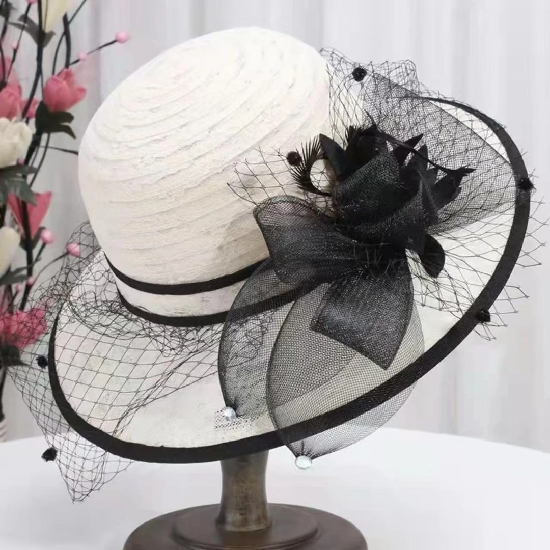 2025时尚百搭夏季女士遮阳镂空花朵帽子网纱出游礼帽
