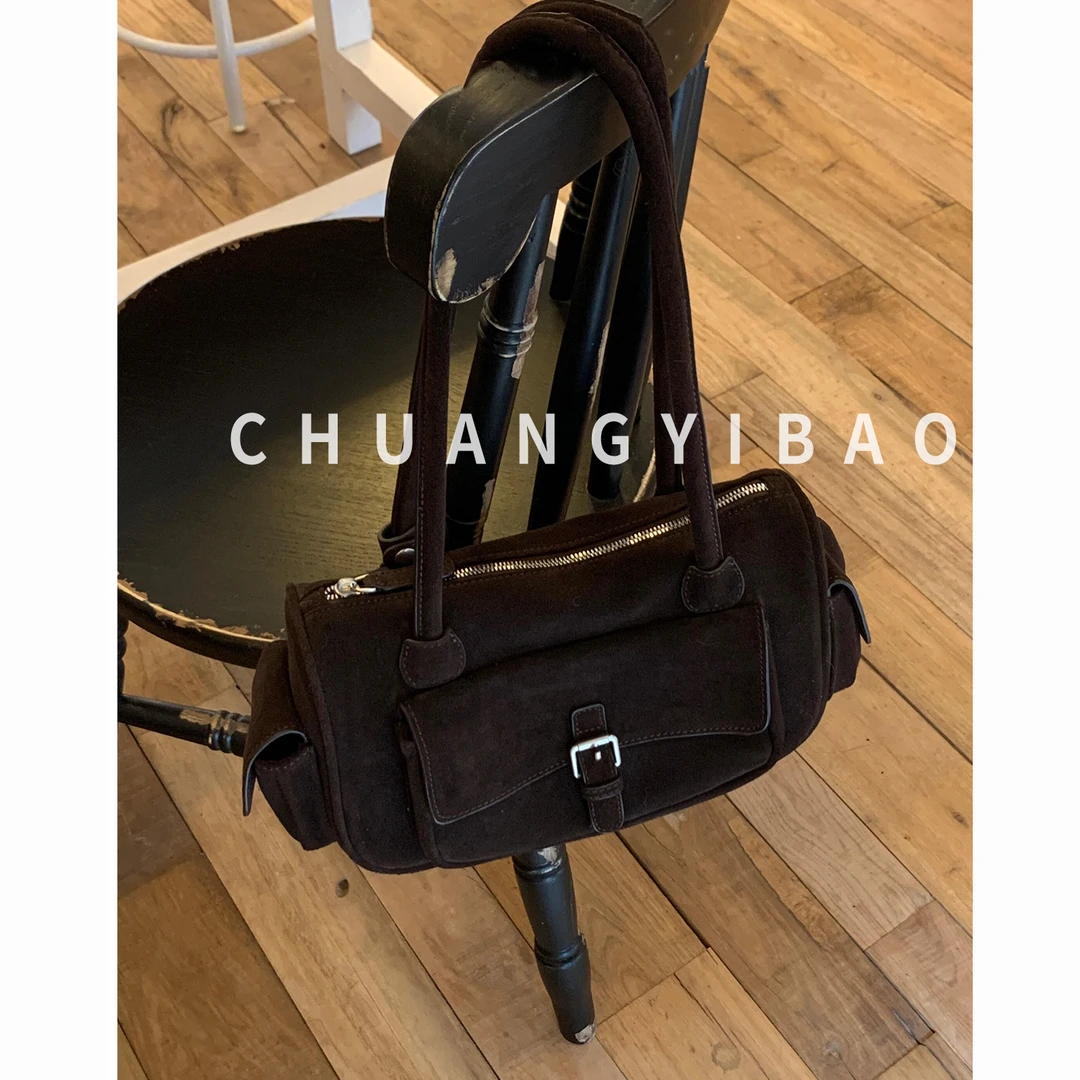 小众设计款单肩腋下包包女式2025新款超火美拉德复古麂皮保龄球包