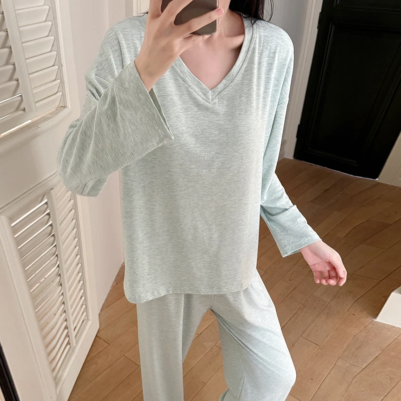 带胸垫可外穿慵懒风睡衣女春秋季长袖2025新款纯色两件套装家居服