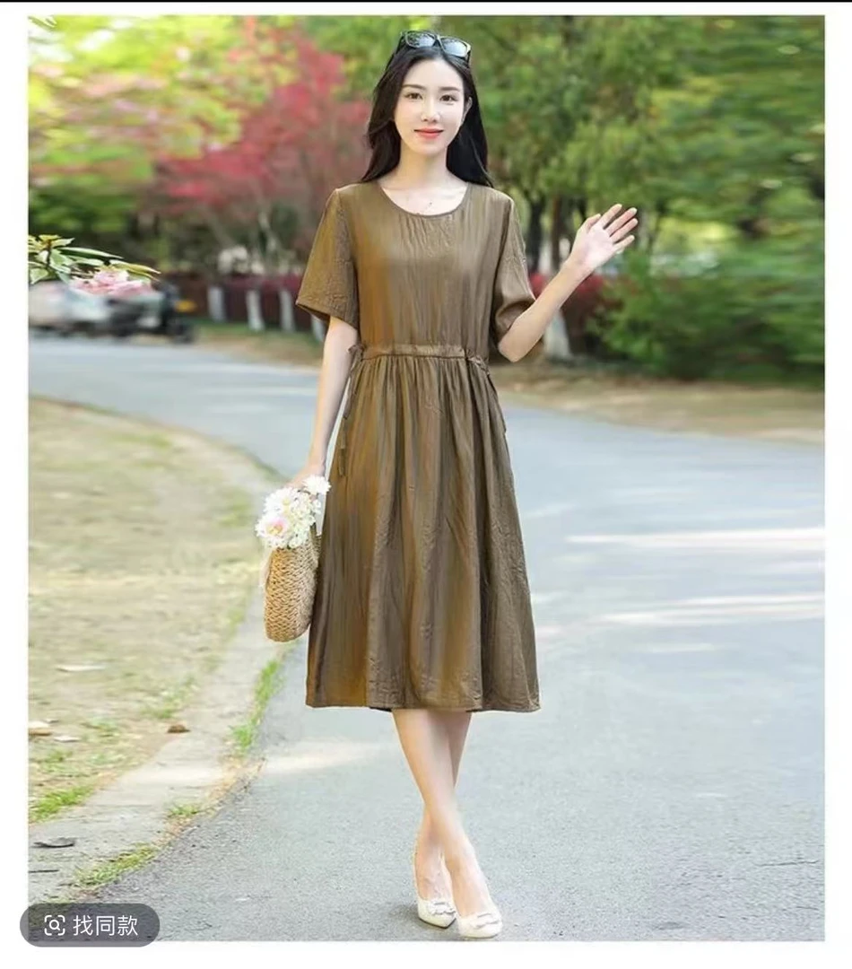 【时装高定款】亚麻色气质修身时尚夏季印花连衣裙女装大码连衣裙