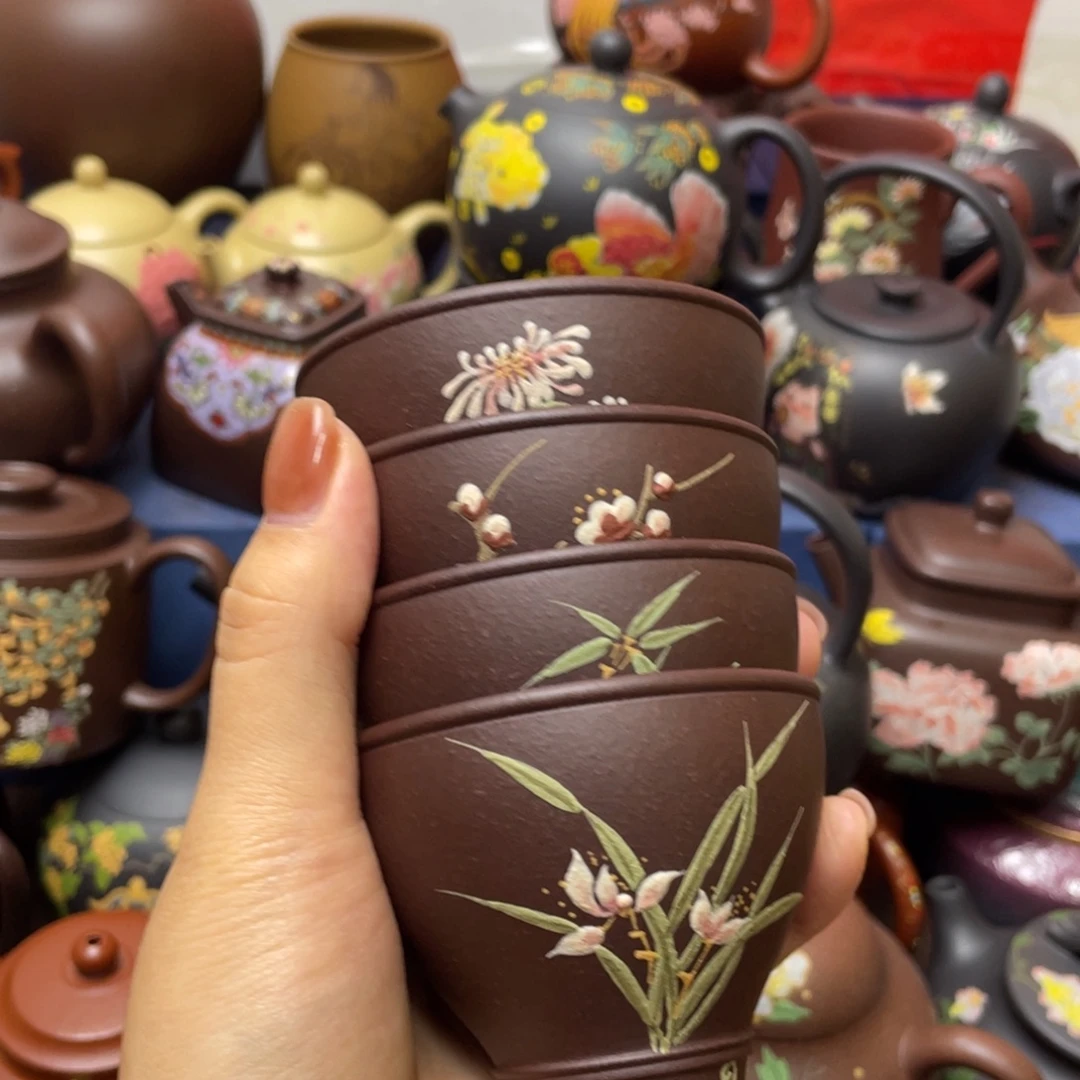 红泥茶杯紫砂主人杯100cc*4lihezw