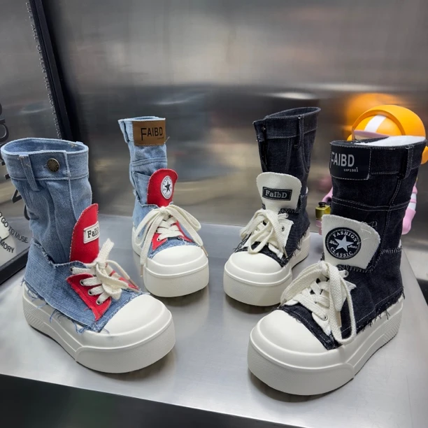 青春潮流夏季拼色高帮牛仔AB版休闲鞋中跟