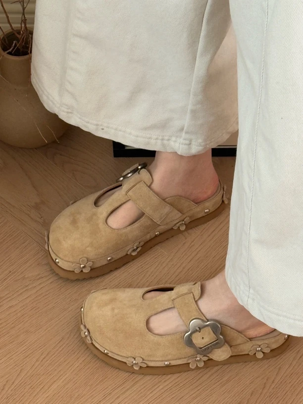 韩系原单花朵元素纯手工牛皮博肯包头半拖