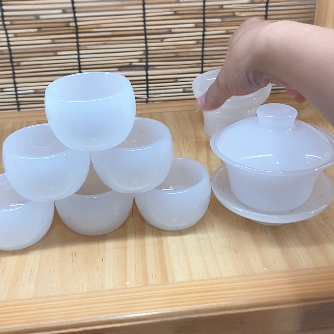 琉璃手工艺品白玉盖碗1小杯6