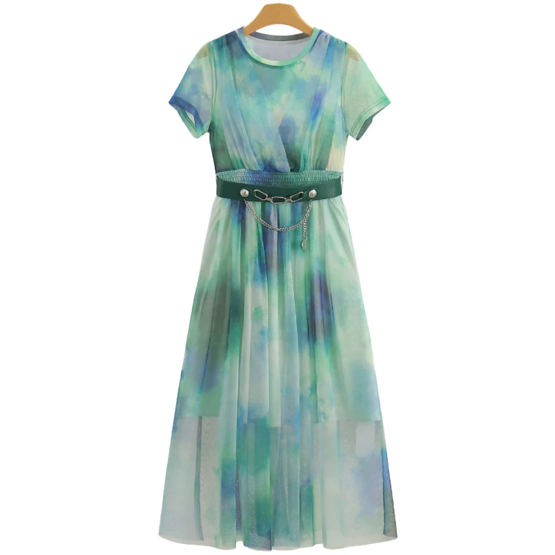 F2526-【郁】小清新晕染圆领短袖弹力腰连衣裙#XYX56L046