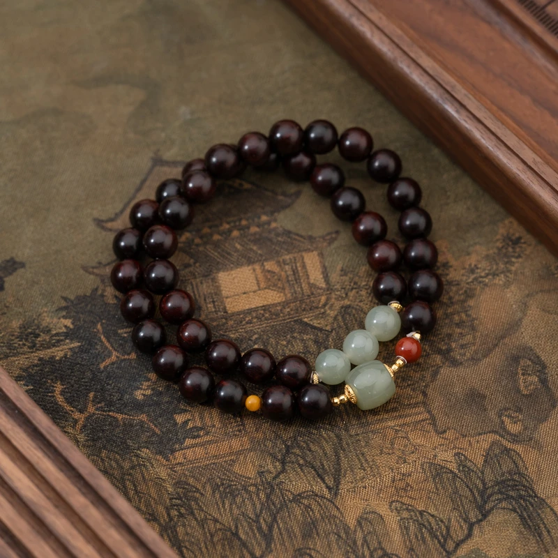 小叶紫檀8mm和田玉晴水料双圈手串珠宝南红蜜蜡小众原创设计