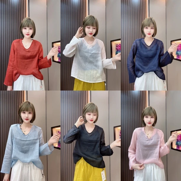 敏宝儿➕187薄款长袖极简风V领宽松麻衫