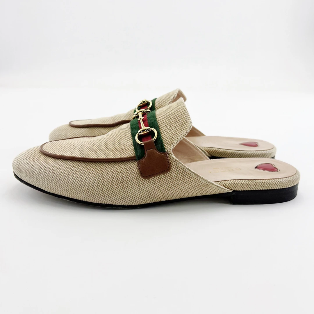 95新 GUCCI/古驰 39码/卡其色针织马衔扣穆勒鞋/16079748