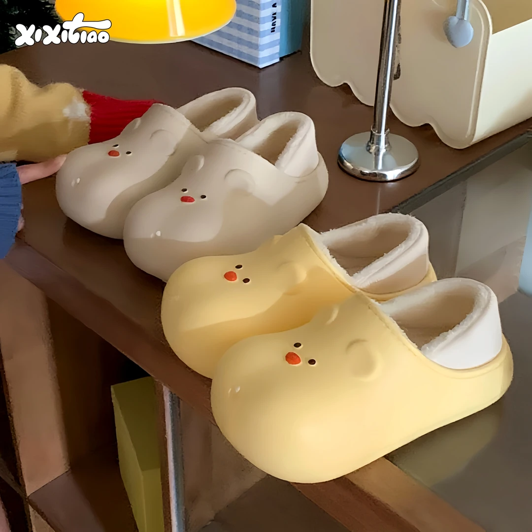 细细条 防水棉拖鞋女冬可爱小熊保暖包跟防滑月子鞋室内外穿棉鞋