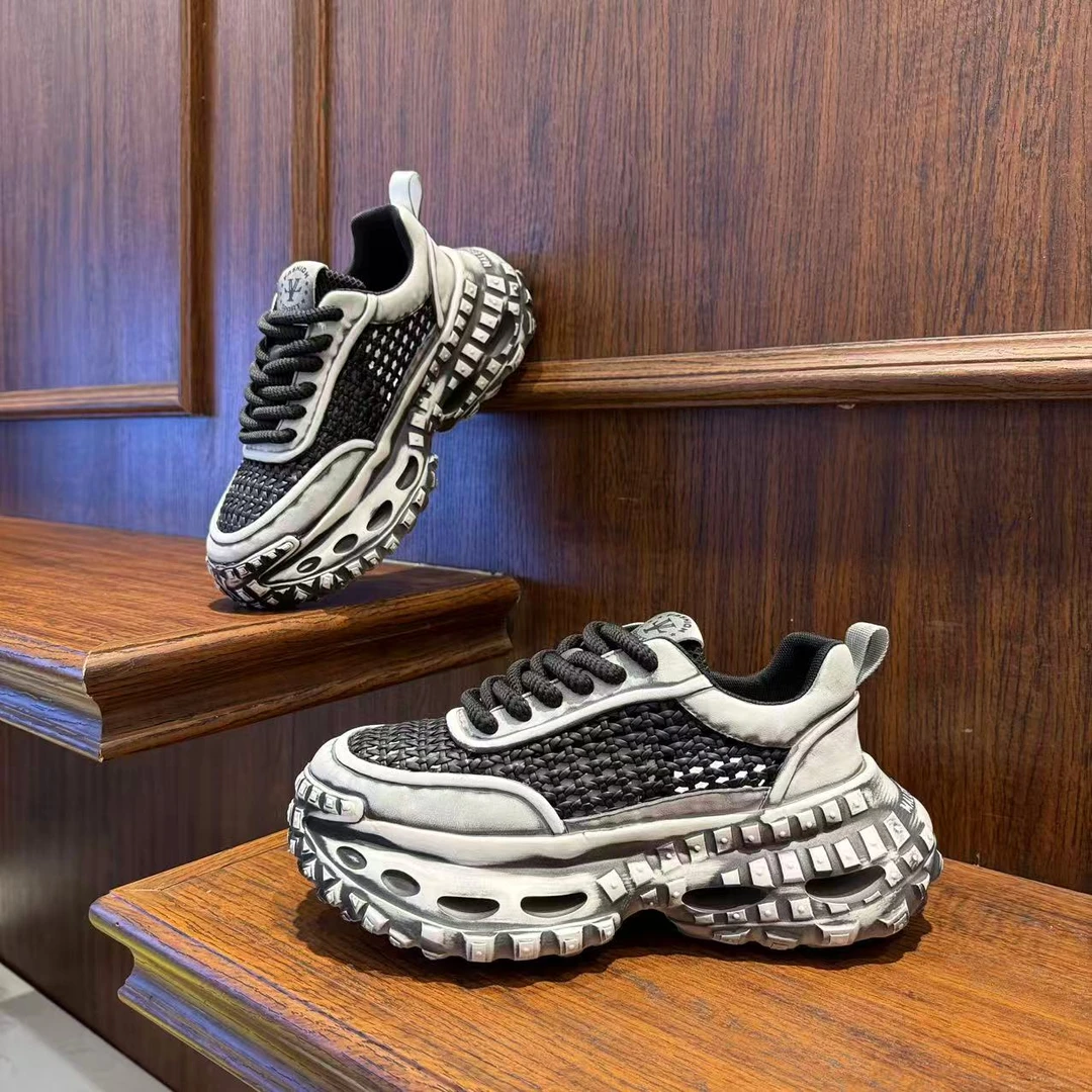 男鞋2025时尚编织网面擦色厚底脏脏老爹鞋增高小众低帮男生潮鞋