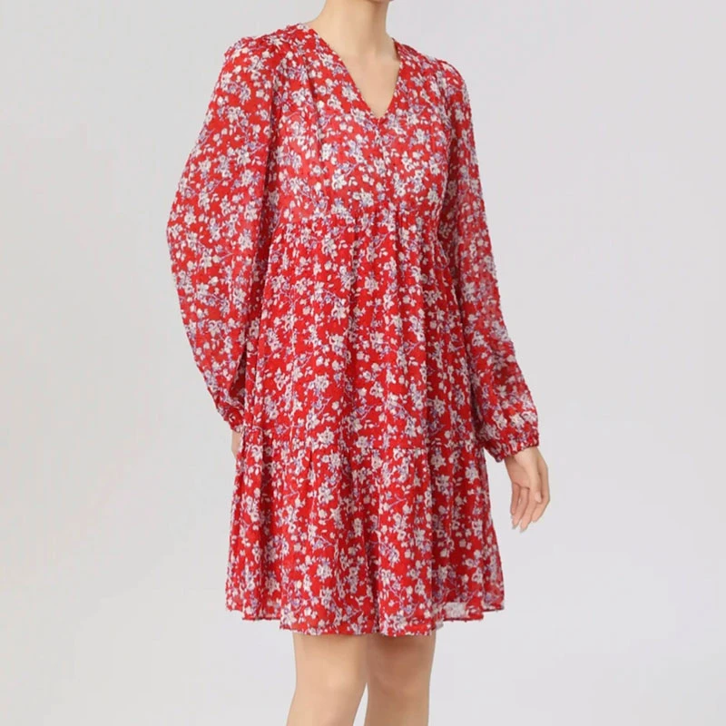 【商场同款】碎花连衣裙早春新款优雅通勤V领茶歇长袖短裙女510002