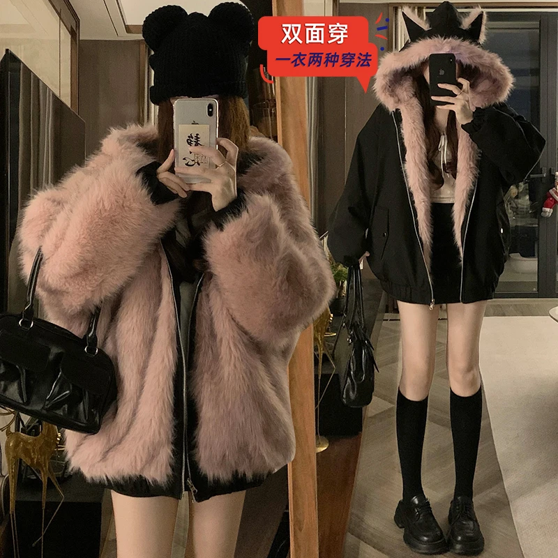 皮草耳朵款连帽双面穿棉服外套女冬季环保座山雕毛毛领棉袄加厚