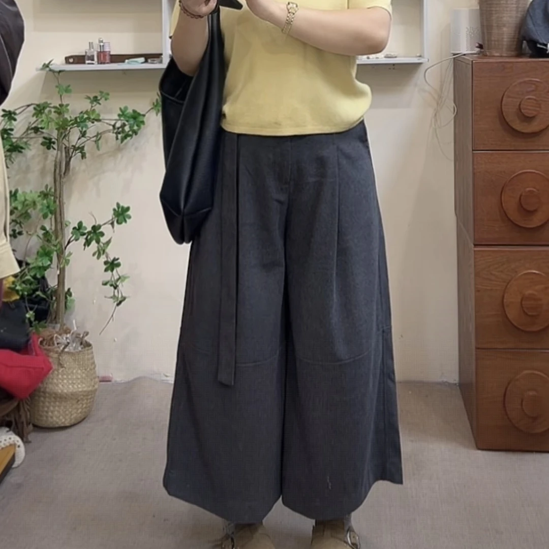配腰带阔腿八分裤秋款