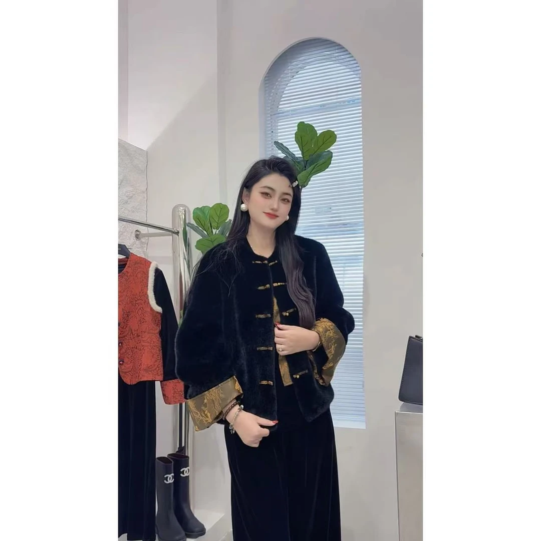 36888【夹心定制】冬季加厚外套新中式拼接毛毛款国风盘扣皮毛一体