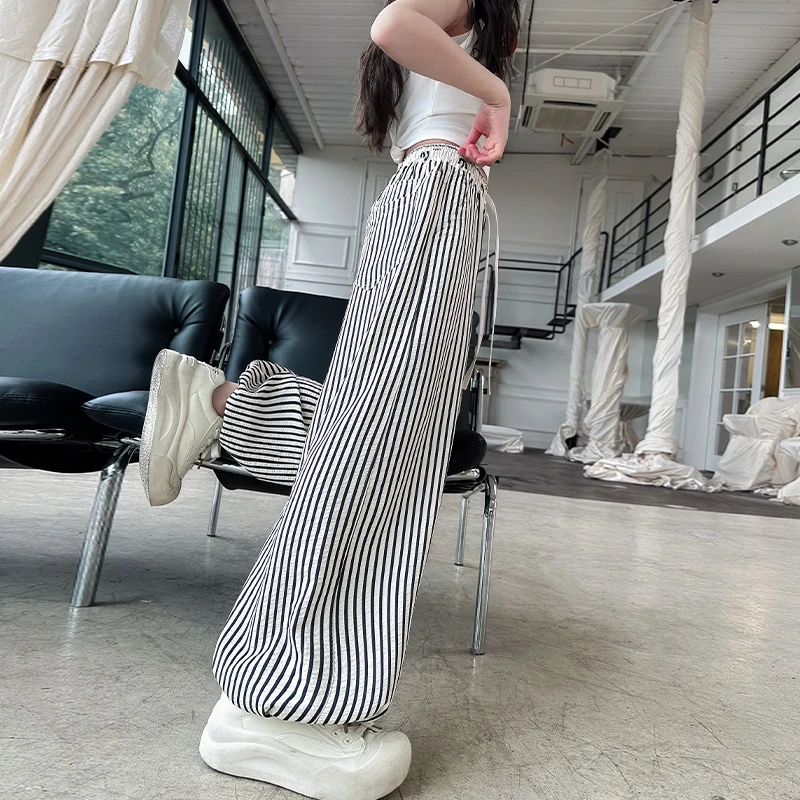 儿童夏装大女童装宽松抖抖条纹裤子冰丝防蚊裤夏季薄款阔腿直筒裤