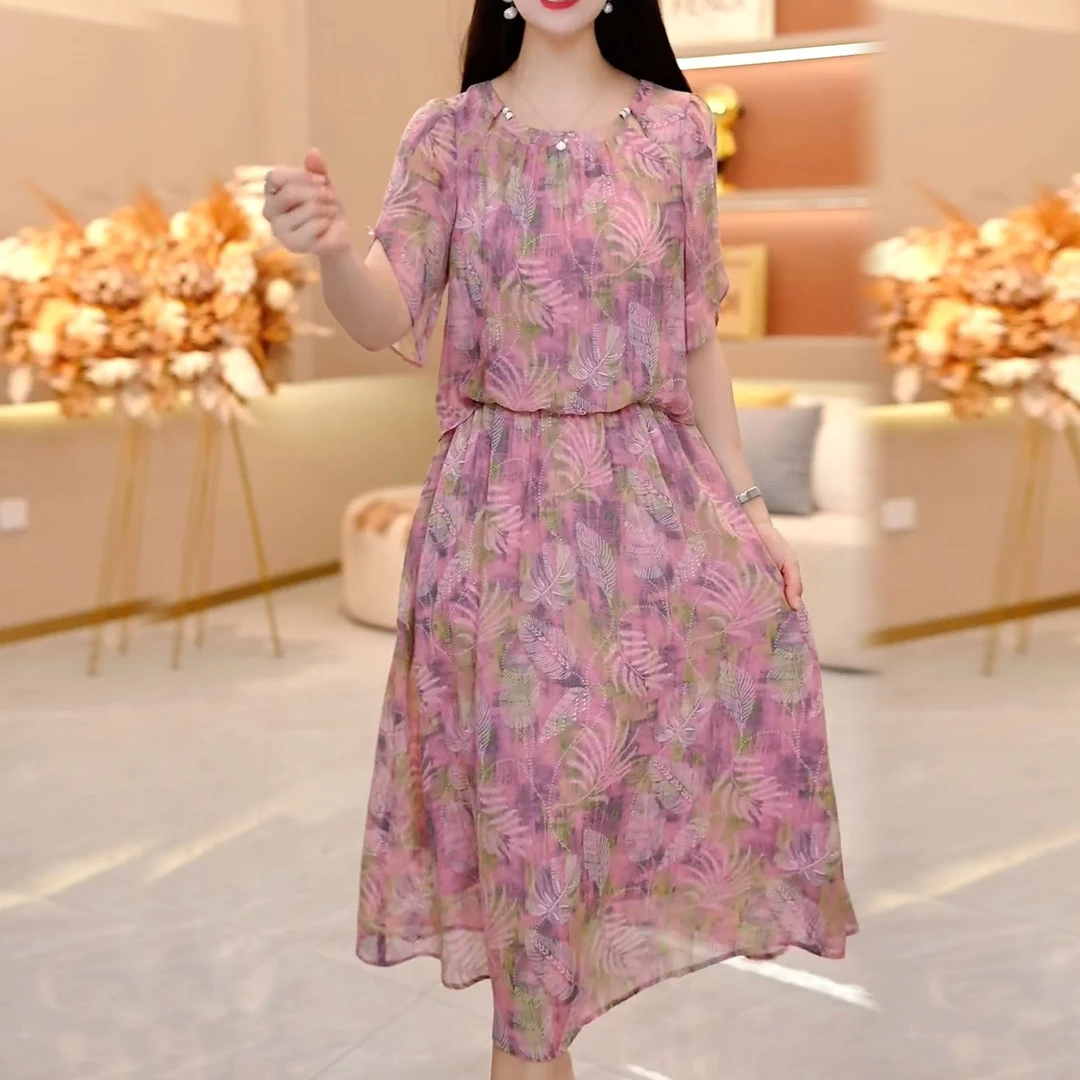 时尚法式宽松遮肚紫色短袖裙子2025夏季爆款气质印花假两件连衣裙