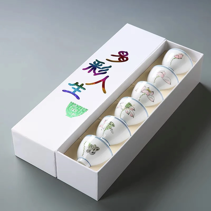 景德镇手绘陶瓷茶杯六杯礼盒茶具小号功夫茶杯手工普洱茶杯品茗杯