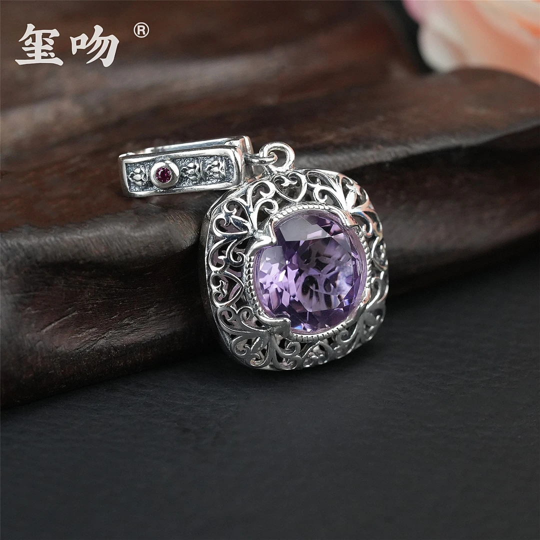 【玺吻】s925银 天然紫水晶蛋面吊坠 扣头可打开