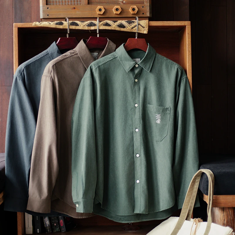 ATGM 「长期主义」日系休闲刺绣衬衣桃皮绒磨毛宽松长袖衬衫男