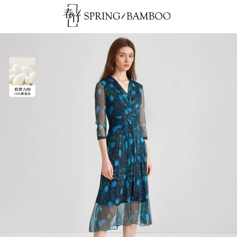 春竹2025新款春夏100%桑蚕丝V领七分袖舒适针织网眼真丝连衣裙女