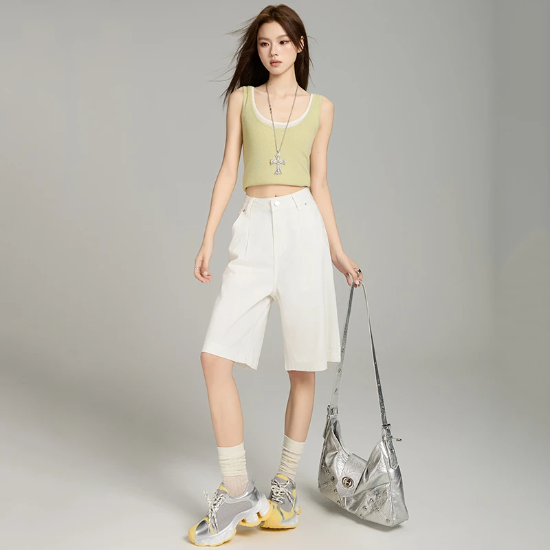 白色莱赛尔五分牛仔裤面料裤子2025夏季新款高腰宽松阔腿