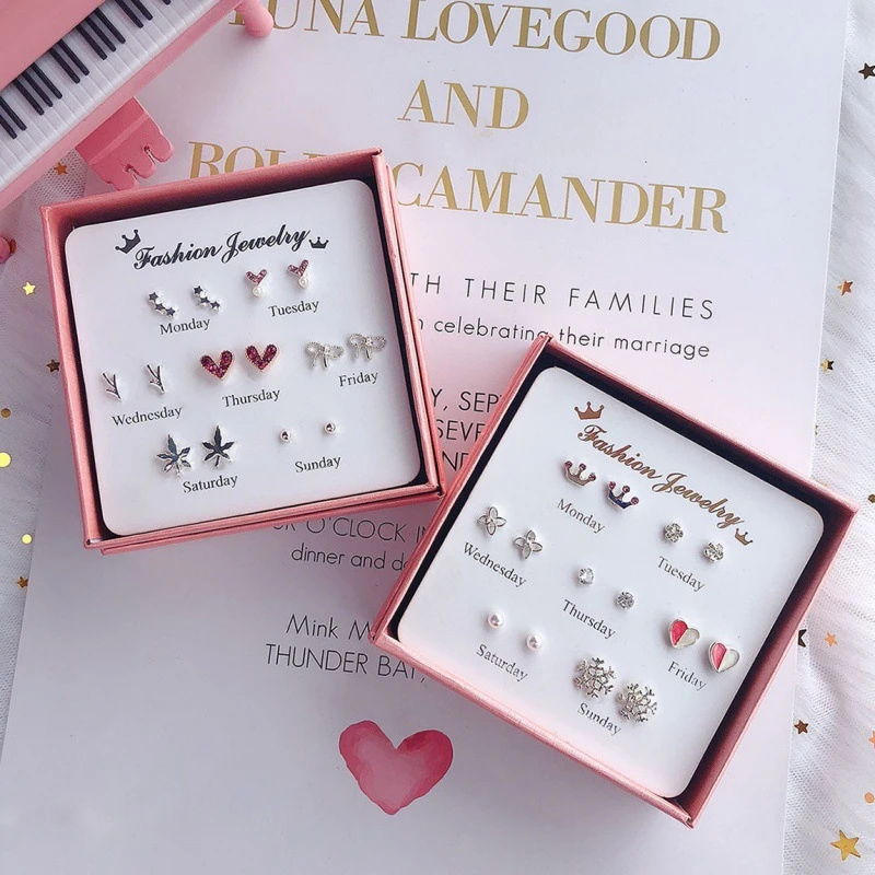 合金合成锆石耳饰 【7对装】耳钉女学生韩版简约小巧可爱套装组合耳