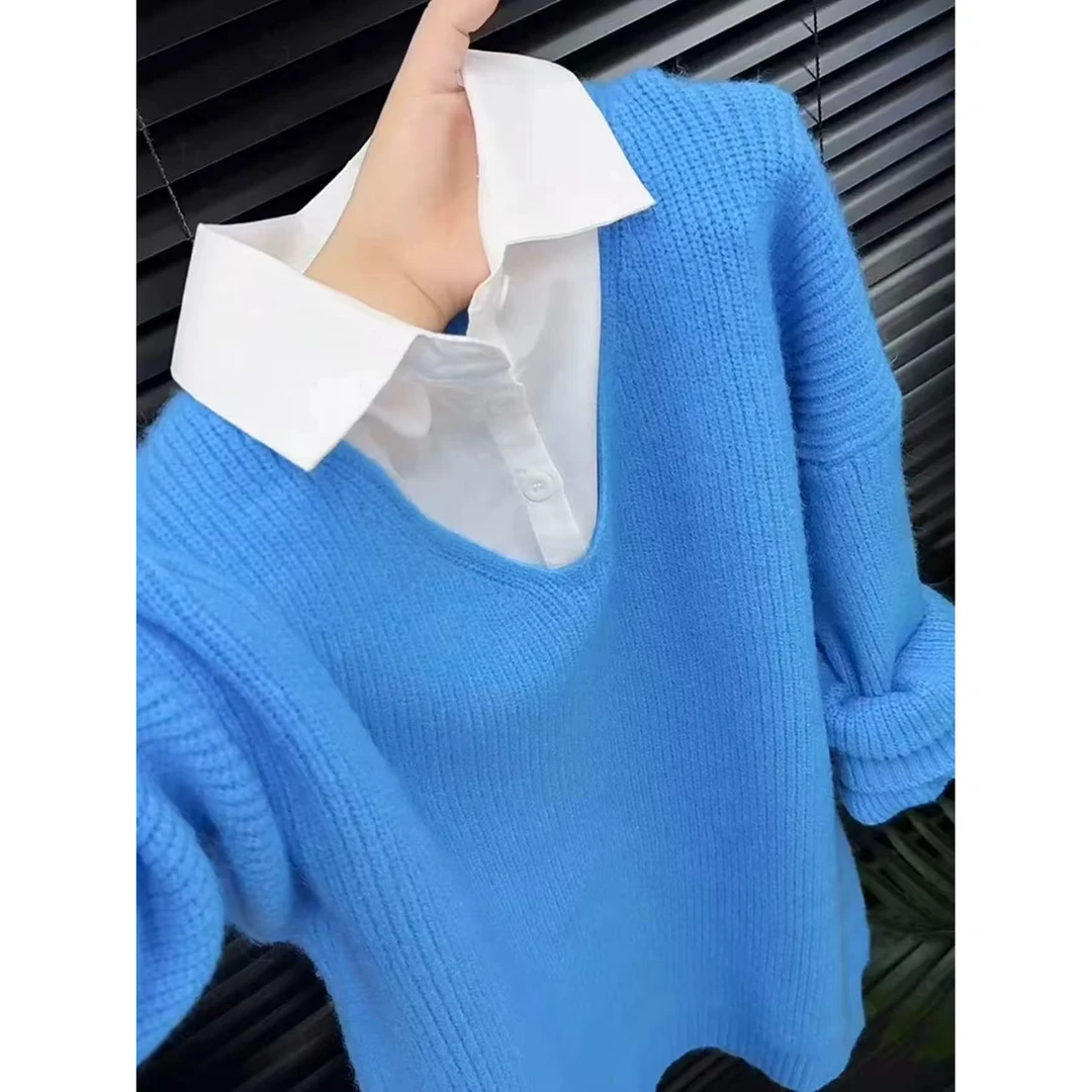 糖果色假两件针织衫2025年秋季新款衬衫领拼接毛衣青春时尚上衣女