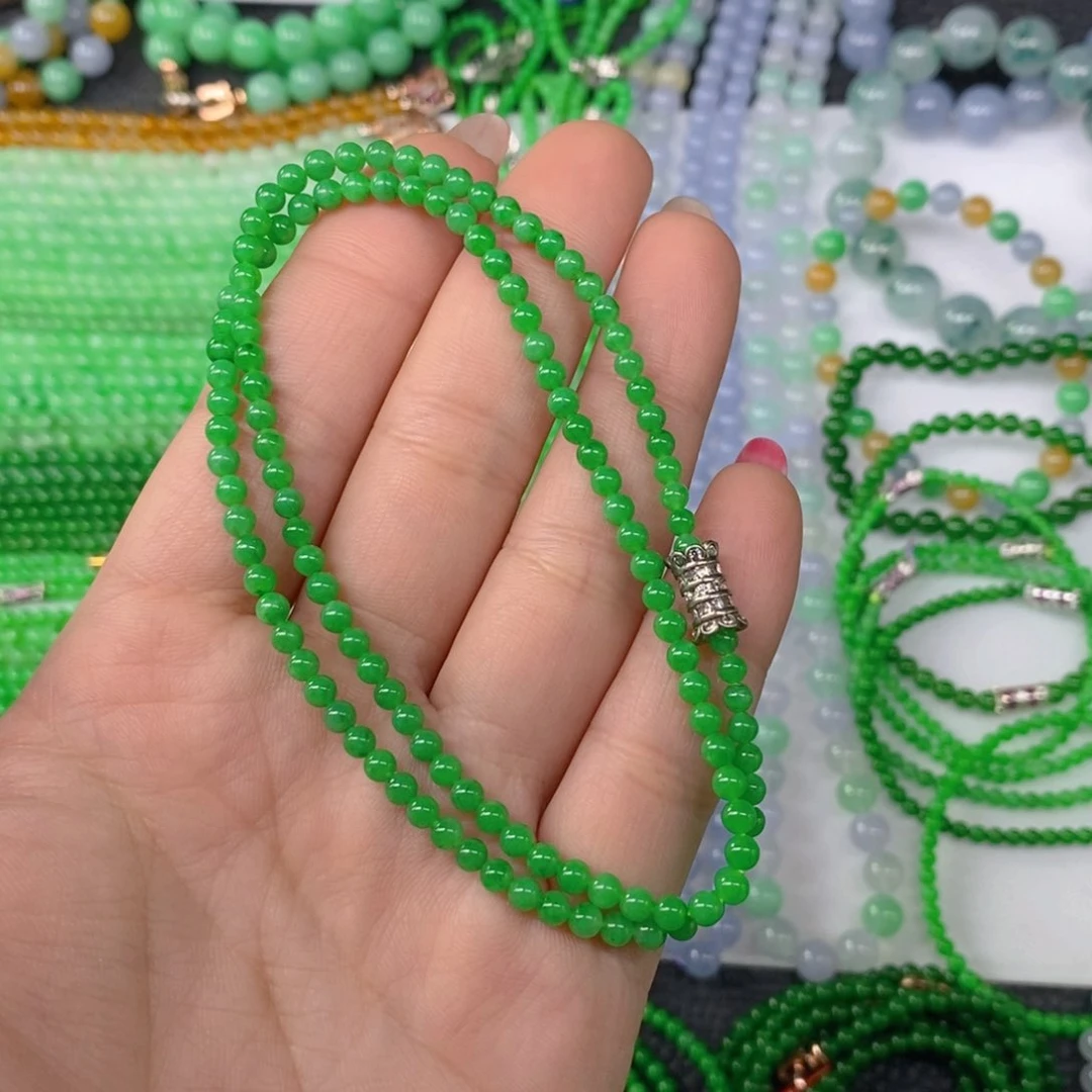 颈饰未镶嵌翡翠缅甸天然翡翠阳绿小米珠锁骨链3.7