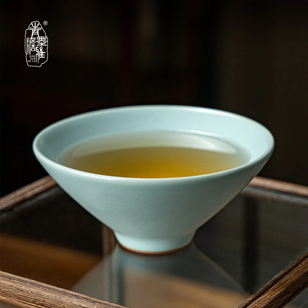 青澹墨雅天青汝窑茶杯斗笠杯景德镇陶瓷茶具复古开片可养主人杯